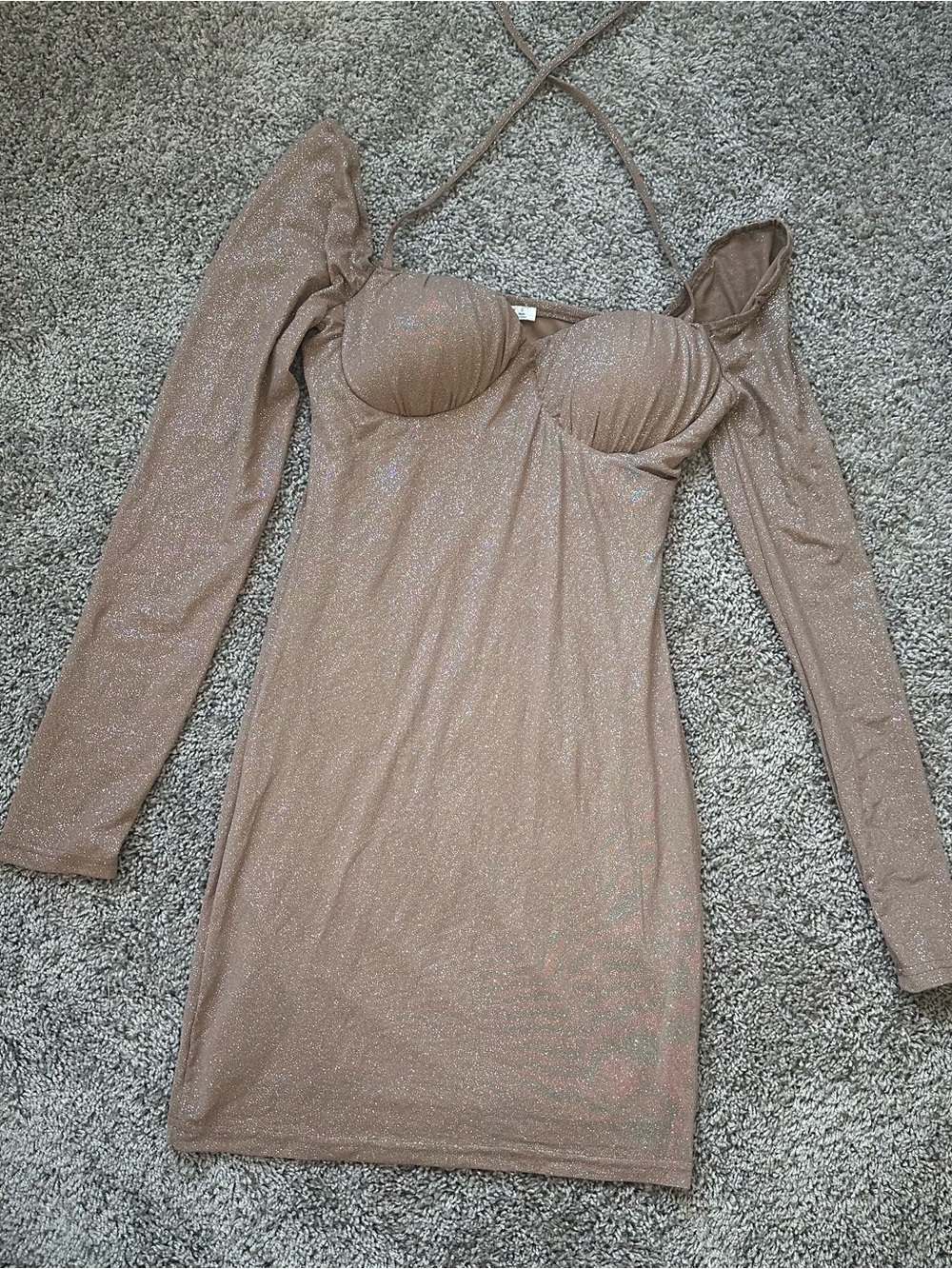 Timing Shimmery Nude Off-Shoulder Bodycon Mini Dress
